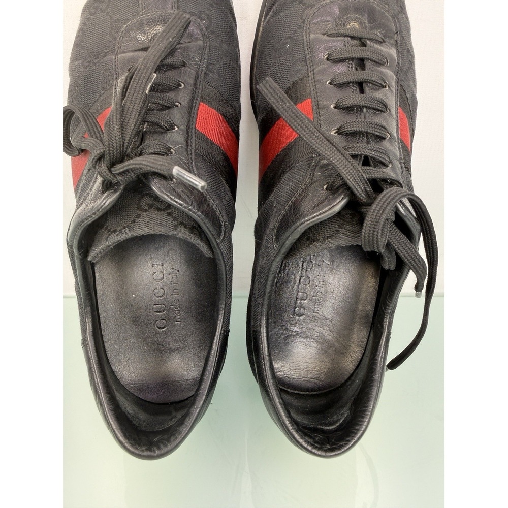 Gucci GG Canvas Low Top Sneakers Black Red Web Stripe Mens 8.5 D Leather Trim - Picture 5 of 9